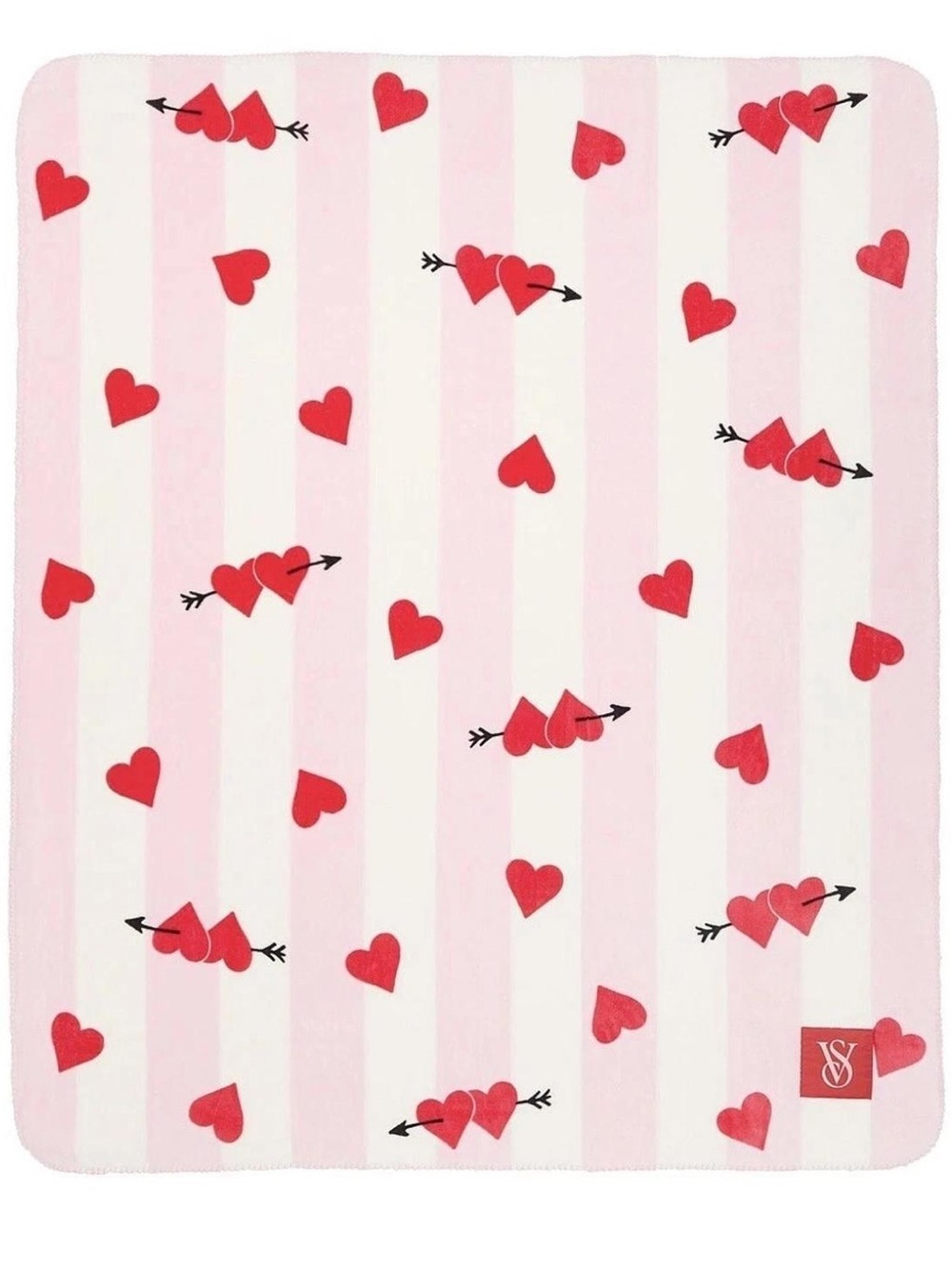 VICTORIA'S SECRET Cozy Plush Sherpa Blanket Throw 60"x50" Pink Stripe Red Hearts